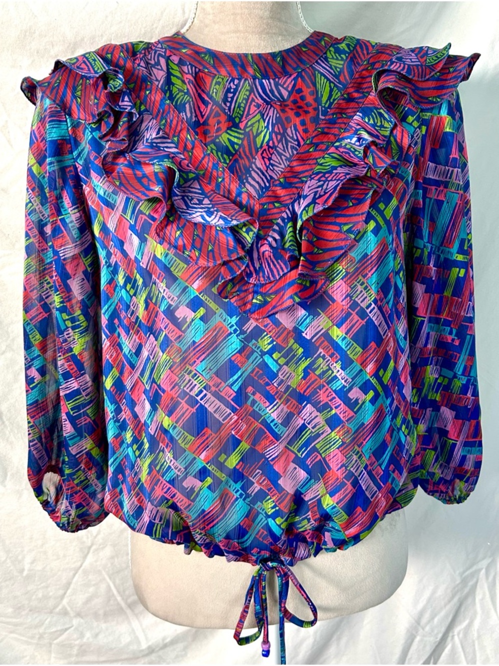Vintage 80s Diane Freis Bold Multicolor Abstract Ruffle Drawstring Top, Size L